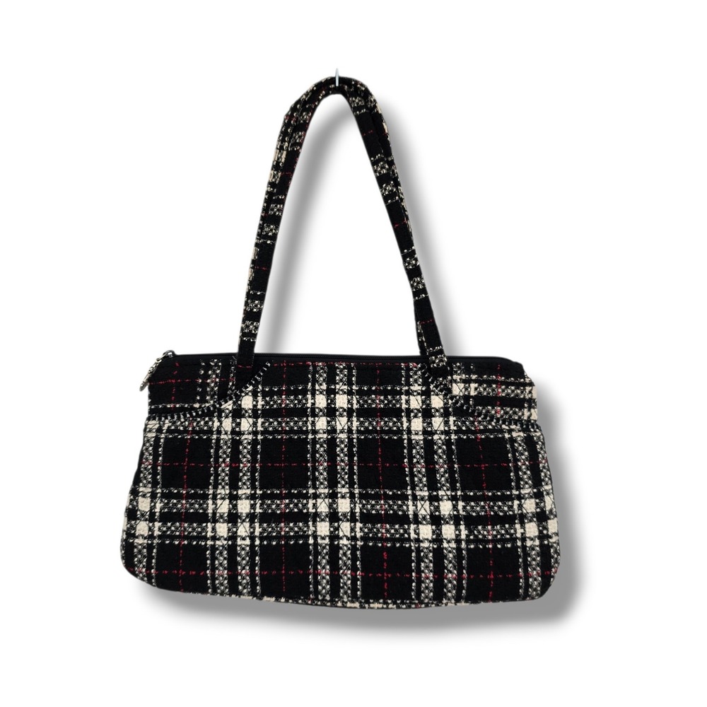 Vera Bradley Black White Plaid Tweed Shoulder Bag Zippered Handbag